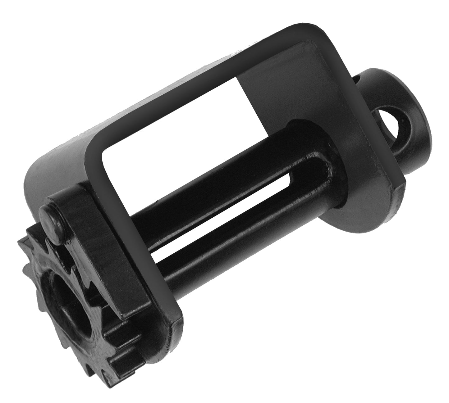A black metal mechanical component or hardware part with a cylindrical body, flat rectangular top plate, and gear-like side section, photographed on a plain white background.