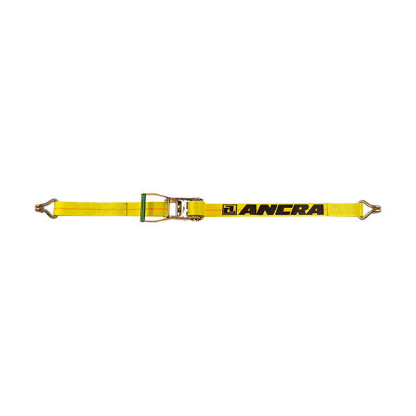 Yellow Ancra ratchet tie-down strap with a metal ratcheting buckle and wire hook end fittings, displayed flat against a plain light background.