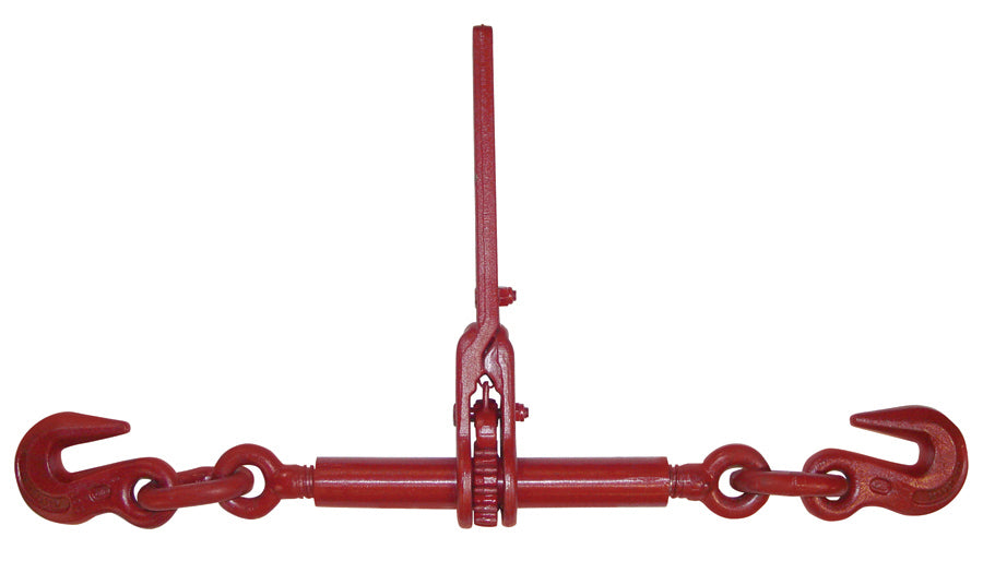 red ratchet binder with two hooks on either side on white background