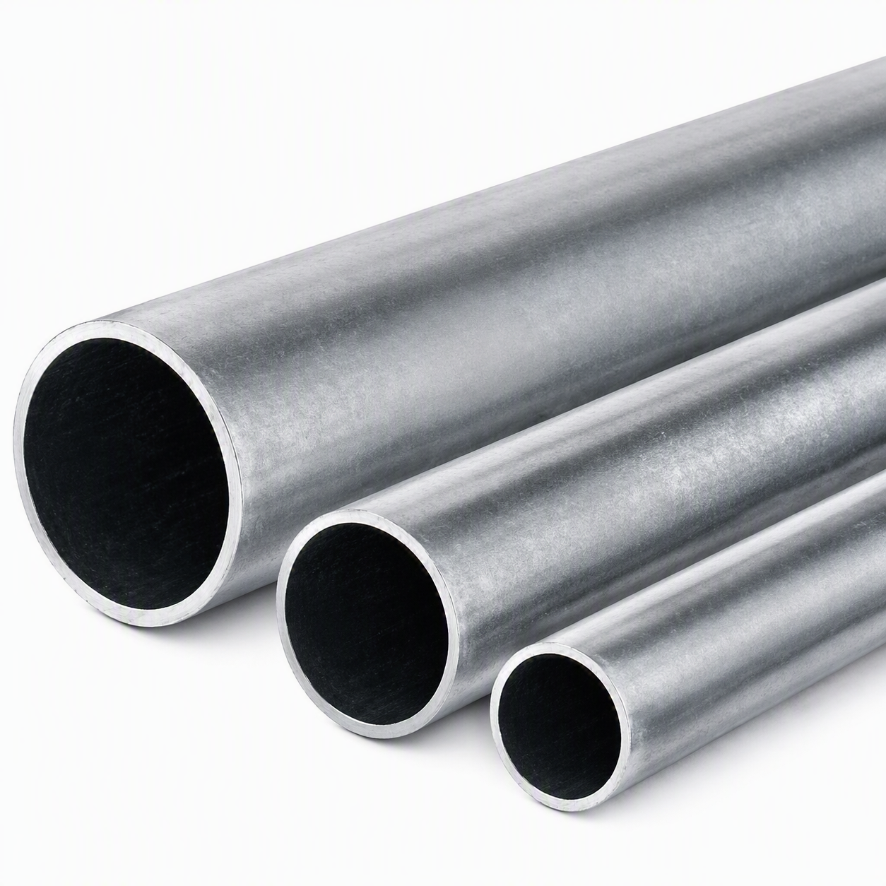 Three galvanized steel tarp roll pipes in varying diameters shown on a white background.