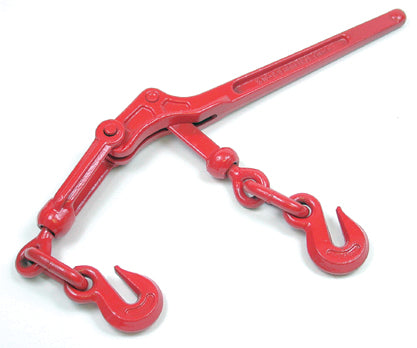 Red ratchet load binder with threaded adjustment body, tensioning handle, and two chain hooks, shown isolated on a white background.