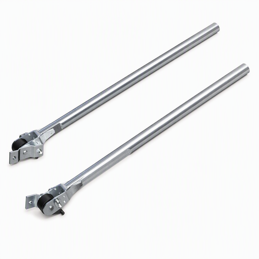 Pair of steel tarp system extension arms with roller assemblies and mounting brackets for truck tarp applications.