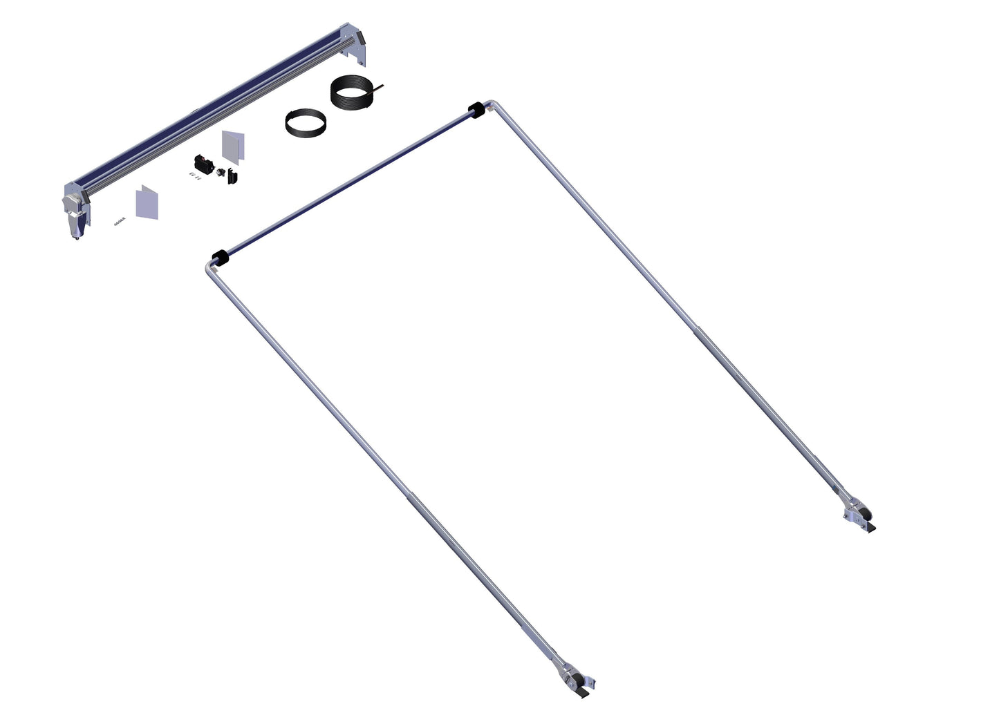 Industrial overhead track assembly kit with aluminum rail, two angled support arms, mounting brackets, cable coils, and hardware components shown in an exploded view on a white background.
