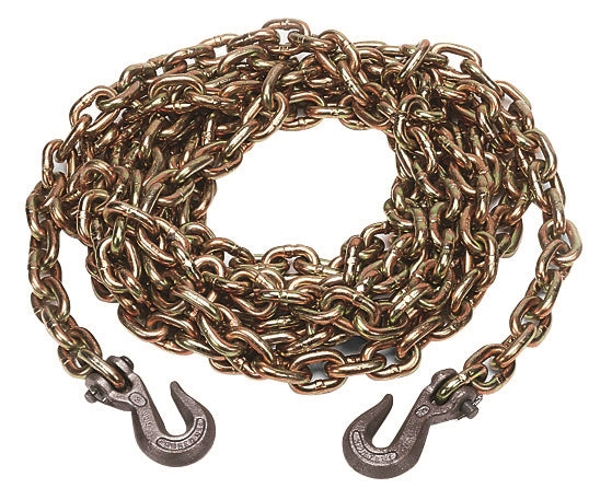 gold chain with two grey heavy duty hooks on either end on a white background