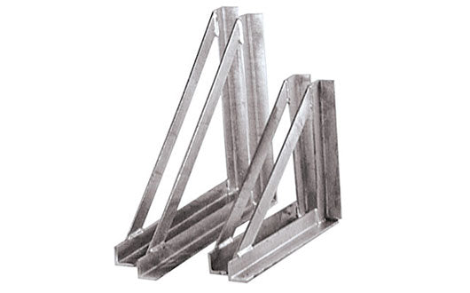 Angled view of a pair of galvanized steel mounting brackets with triangular supports and flat base plates, designed for securing a truck tool box to a vehicle frame, isolated on a white background.