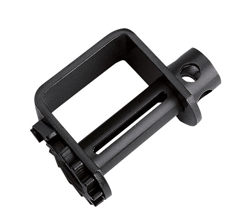 A black metal mounting bracket or hardware component with a square frame, cutout center, and circular hole on one end, shown on a plain white background.
