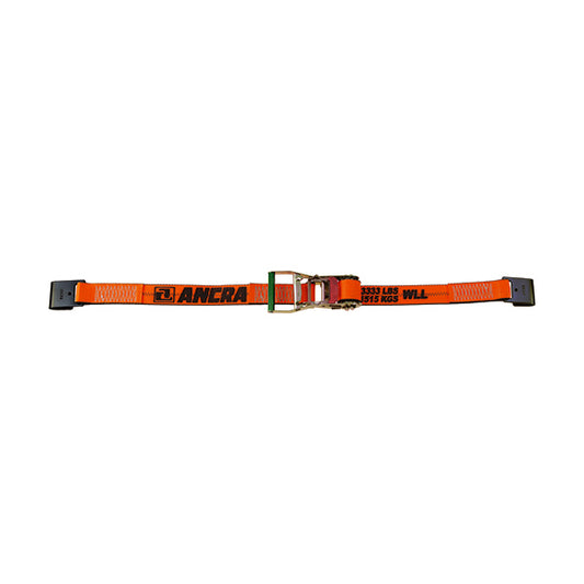 Orange Ancra ratchet tie-down strap with a metal buckling mechanism and flat hook end fittings, displaying working load limit text, laid flat against a plain light background.