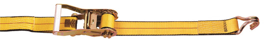 Yellow ratchet tie-down strap with metal ratcheting mechanism and hook on each end, shown stretched horizontally on a white background.