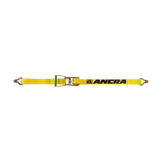 Yellow Ancra ratchet tie-down strap with a metal ratcheting buckle and wire hook end fittings, displayed flat against a plain light background.