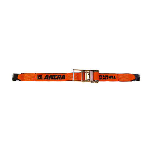 Orange ratchet strap with a metal buckle and black end fittings, labeled “ANERA” with working load limit text, laid flat against a plain light background.