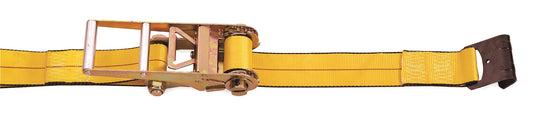 Close-up of a yellow ratchet tie-down strap with a metal ratcheting buckle and flat hook end fitting, shown against a plain light background.