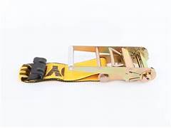 Yellow ratchet tie-down strap with a black handle ratcheting mechanism on one end and a flat metal hook on the other, displayed against a plain white background.