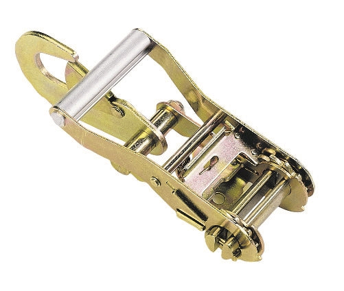 Gold-colored metal ratchet buckle with integrated snap hook and winding mechanism for securing tie-down straps, shown on a white background.
