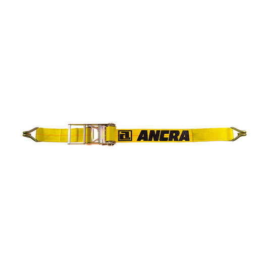 Yellow Ancra ratchet tie-down strap with a metal ratcheting buckle and wire hook ends, laid flat against a plain light background.