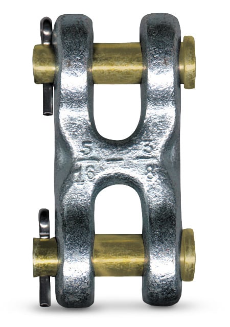 Metal clevis with brass bushings on a white background