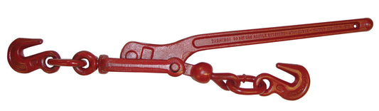 Red clevis link lever binder with hooks on a white background