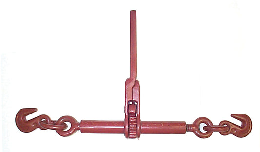 Red ratchet load binder with a central tightening mechanism and two chain hooks on each end, displayed against a plain background.