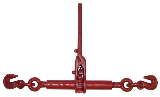Front view of a red steel ratchet load binder with a central gear and long handle, connected to heavy‑duty chain links and grab hooks on both ends, isolated on a white background.