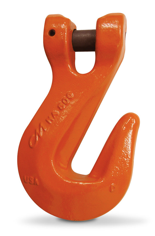 Close-up of an orange forged steel clevis grab hook with a curved open hook and a horizontal connecting pin at the top, featuring raised markings including ‘CM 700’ and ‘USA,’ isolated on a white background.