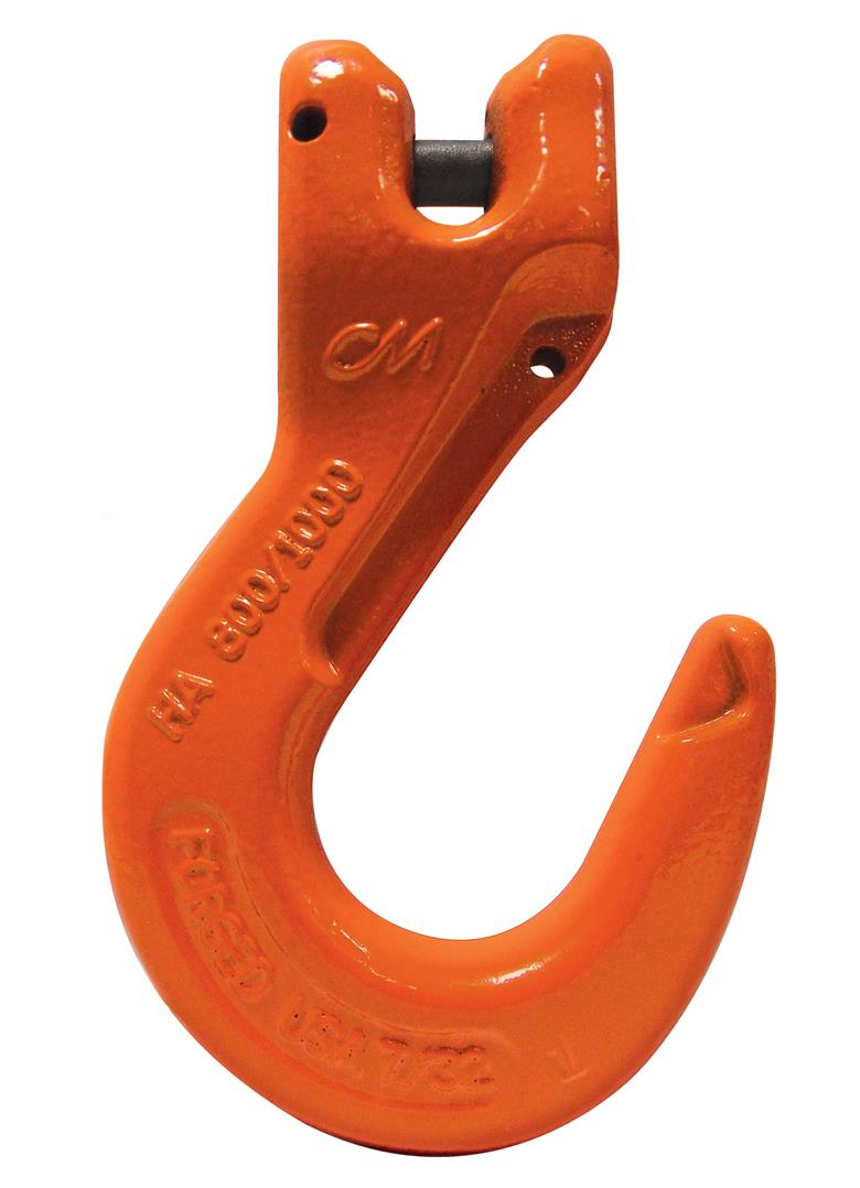 Close-up of an orange, heavy-duty metal lifting hook with a latch pin at the top, curved open hook design, and embossed markings including ‘M,’ ‘3/8–100,’ and other raised text, isolated on a white background.