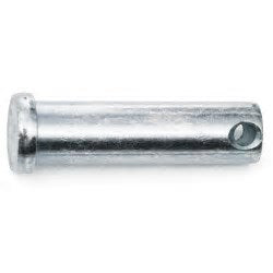 Close-up of a galvanized steel clevis pin with a smooth cylindrical shaft, flat round head on one end, and a cross-drilled hole near the opposite end, isolated on a white background.