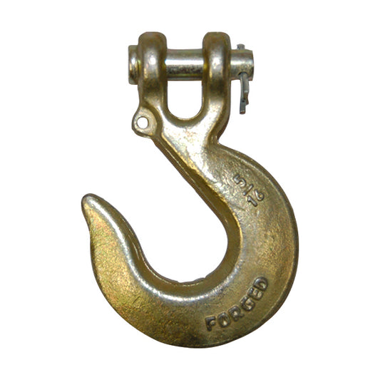 Close-up of a yellow zinc‑plated forged steel clevis slip hook with a curved open hook and a top clevis connection secured by a pin and cotter, showing stamped markings including ‘5/16’ and ‘FORGED,’ isolated on a white background.
