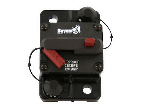 Black waterproof 120‑amp circuit breaker with a red reset lever and mounting base, labeled “Buyers,” shown on a white background.