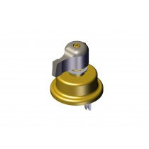 Illustrated view of a rotary electrical switch with a lever actuator and round mounting base, isolated on a white background.