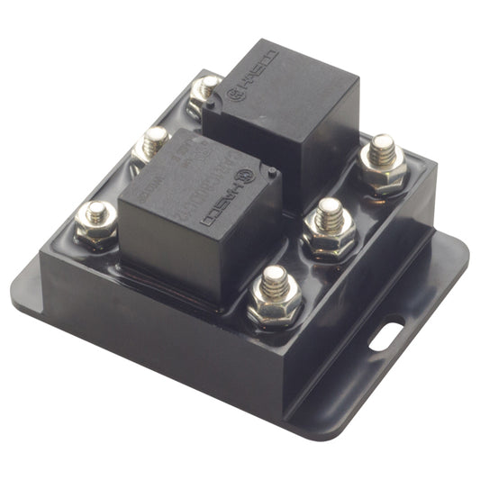 Black tarp solenoid unit with two rectangular relay housings mounted on a base plate, featuring multiple metal terminal studs and mounting holes, shown against a plain light background.