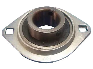 Flange‑mounted pillow block bearing with a round steel inner race set in a metal housing featuring two mounting holes, shown on a white background.