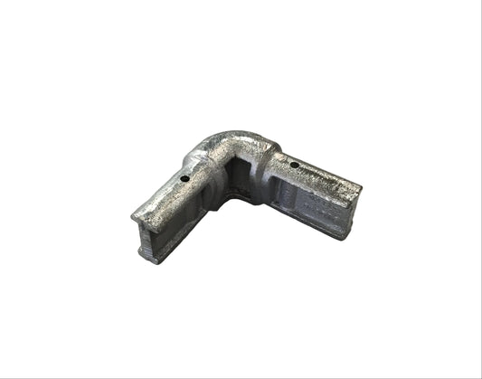 Cast aluminum aero tarp system corner bracket with an L‑shaped design and mounting holes, shown isolated on a white background.