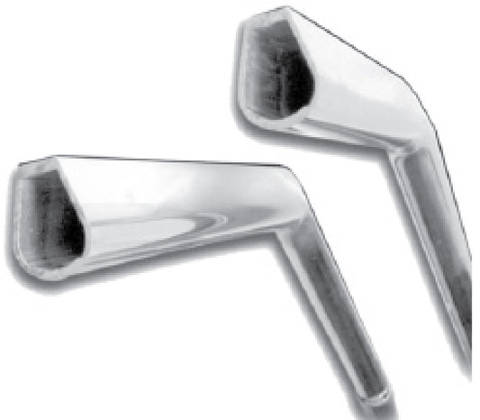 Two shiny, L-shaped metal tubes with rectangular openings, positioned diagonally on a white background.