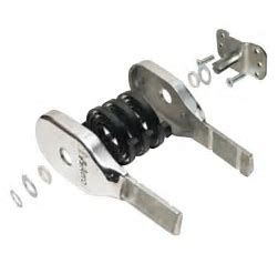 Metal spring-loaded mechanical latch assembly with two flat prongs, a central black coil spring, and a small mounting bracket with screws on a plain white background.