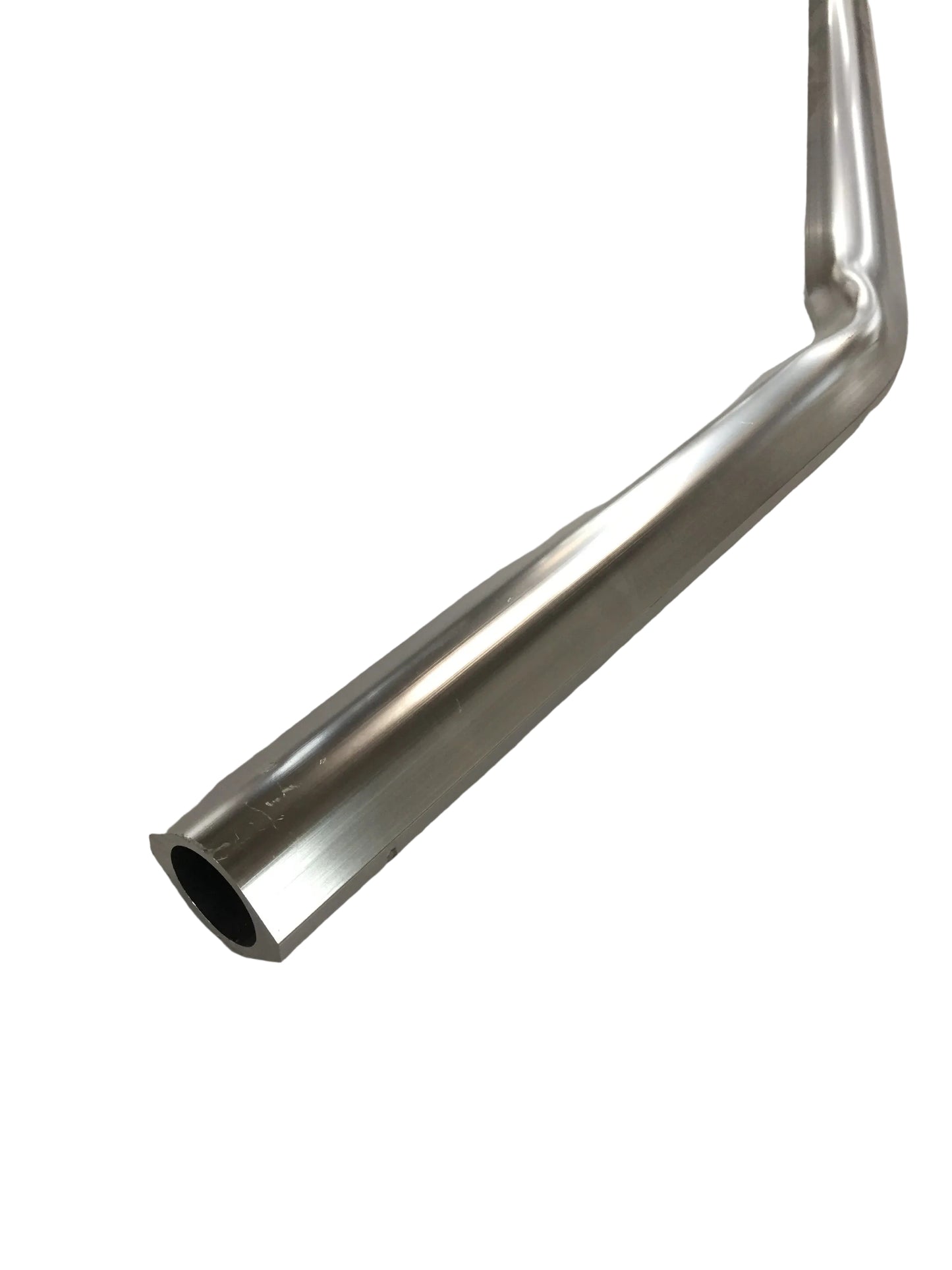 Angled silver metal tubular arm with a smooth finish, featuring a bent section and a hollow open end, displayed on a plain light background.