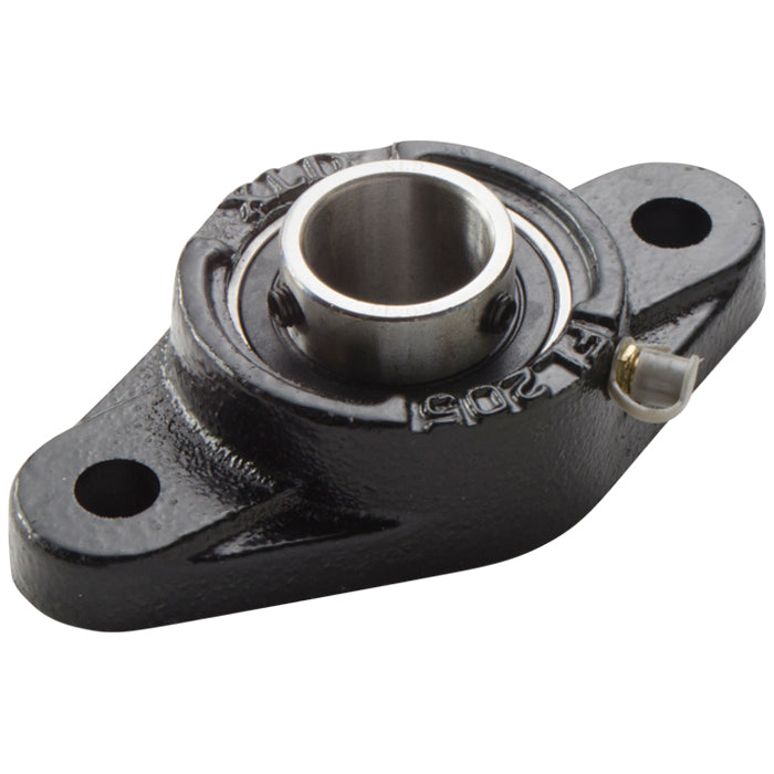Mounted flange bearing unit with a black oval base, two bolt holes for installation, and a central metal bearing insert secured with set screws, shown on a plain light background.