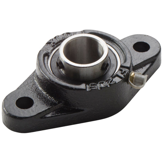 Mounted flange bearing unit with a black oval base, two bolt holes for installation, and a central metal bearing insert secured with set screws, shown on a plain light background.