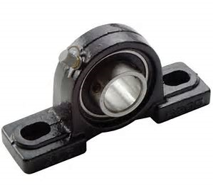 Black pillow block bearing with a mounted housing, featuring a central metal bearing insert and two slotted mounting holes on a flat base, shown on a plain light background.