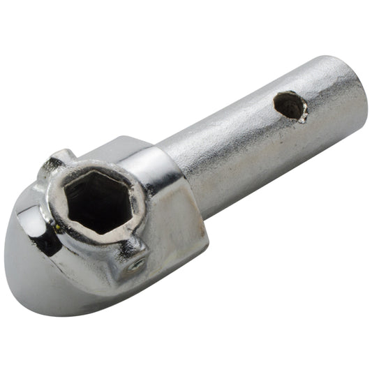 Chrome-finished metal hex connector with a rounded head, featuring a hexagonal socket opening and a cylindrical shaft with a side hole, shown on a plain light background.