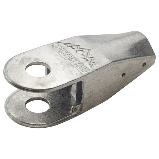 Galvanized metal clevis-style casting with a forked end and two circular pin holes, featuring embossed “Mountain Tarp” text on the surface, shown against a plain light background.