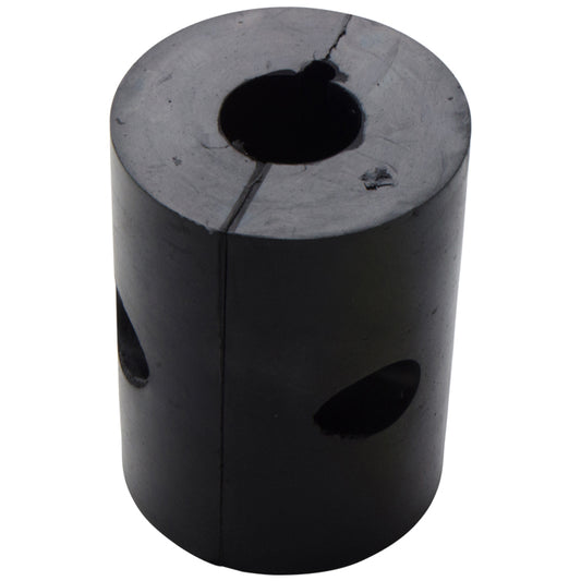 Black cylindrical metal coupling with a central hole and a vertical split, featuring side openings and a solid matte finish, shown on a plain light background.