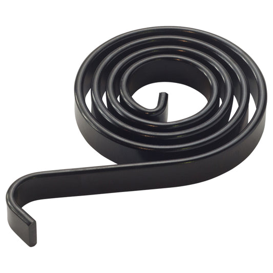Black coiled torsion spring with a flat metal band and a hooked end, shown tightly wound against a plain light background.