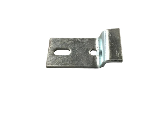 Silver metal ratchet mounting bracket with a flat base, slotted and round mounting holes, and a raised edge for attachment, shown against a plain light background.