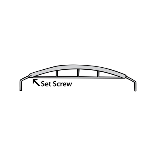Diagram of a curved metal bow assembly with internal support bars, with an arrow pointing to a fastener labeled “Set Screw.”