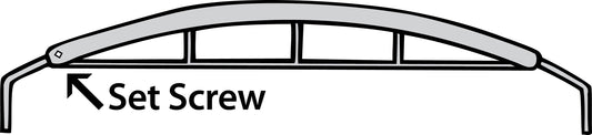 Diagram of a curved metal bow assembly with internal support bars, with an arrow pointing to a fastener labeled “Set Screw.”