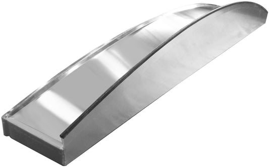 Curved aluminum front hood component with a smooth, polished finish and raised ridge, shown at an angle against a plain light background.