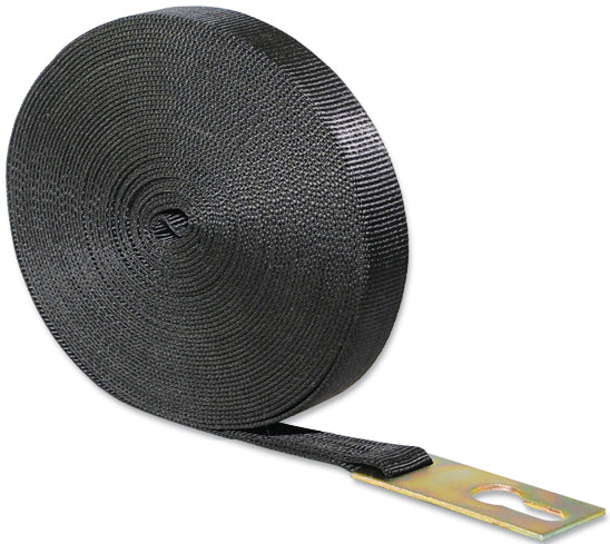 Roll of black woven tarp strap material with a metal mounting tab attached at the end, displayed against a plain light background.