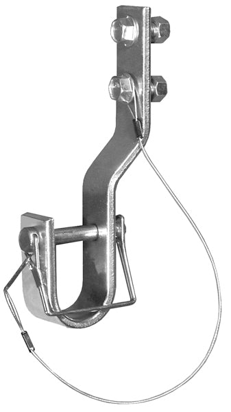 Metal offset crank retainer assembly with a bracket, bolts, and a hooked latch connected by a safety cable, shown against a plain light background.