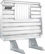 Front view of a deluxe aluminum truck storage box with a diamond‑plate face panel, horizontal reinforced ridges, integrated locking access panels, and raised support legs, featuring a Zamzow logo, isolated on a white background.