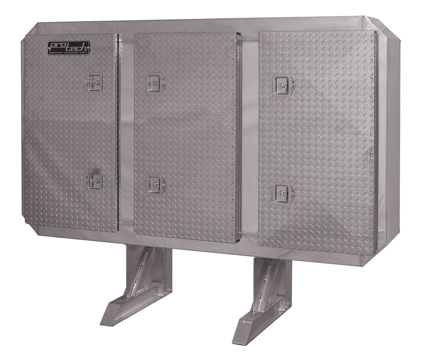 Front view of a large aluminum truck enclosure with three diamond‑plate access doors, each with recessed locking latches, mounted on raised support legs, featuring the ProTech logo, isolated on a white background.