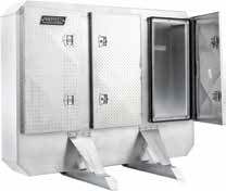 Angled front view of a large aluminum truck enclosure with diamond‑plate doors, showing one door open to reveal the interior storage space, mounted on raised support legs and isolated on a white background.